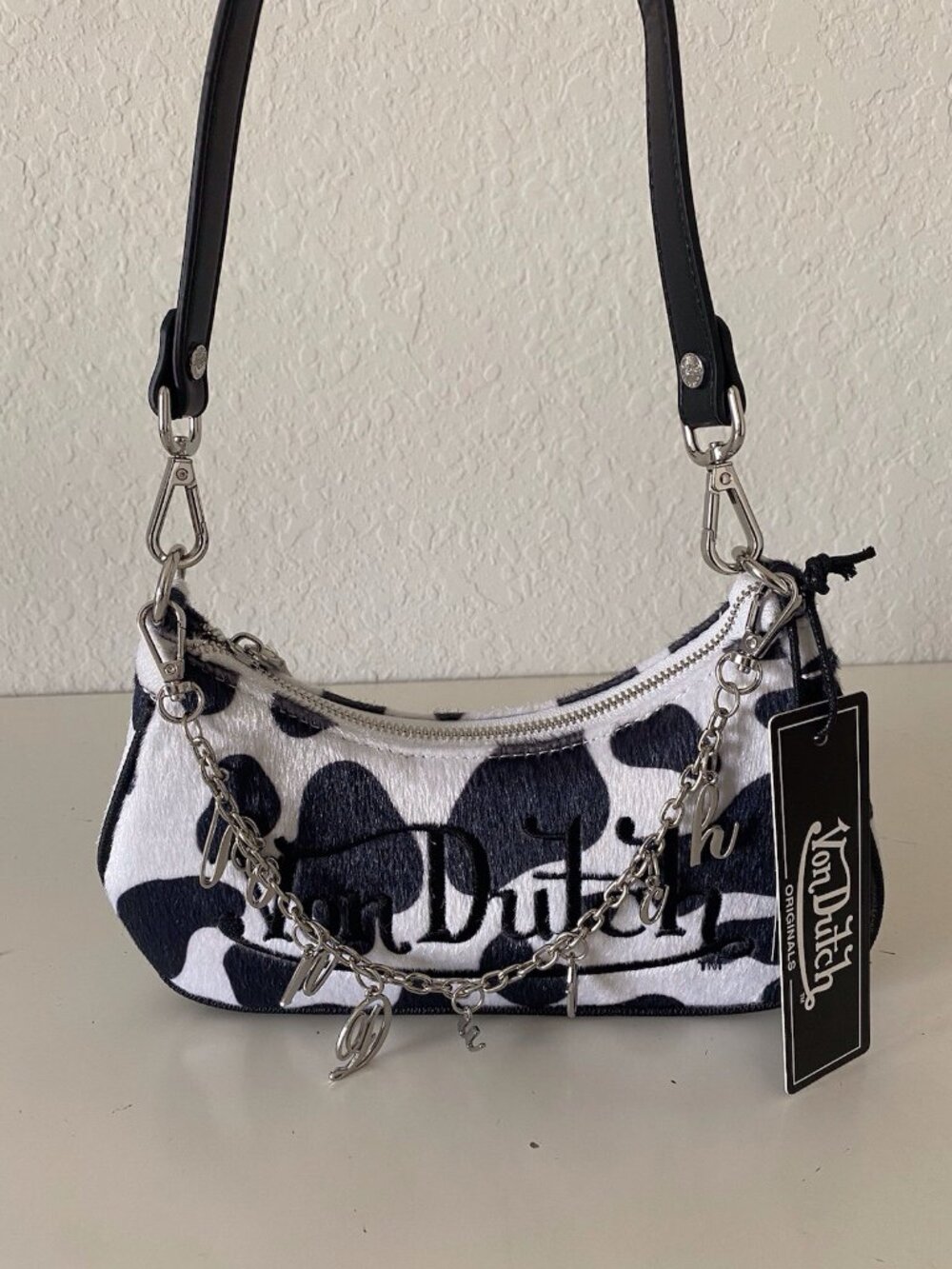 Von Dutch Vegan Pony Hair Black Cow Print Shoulder Bag W/Charms NEW